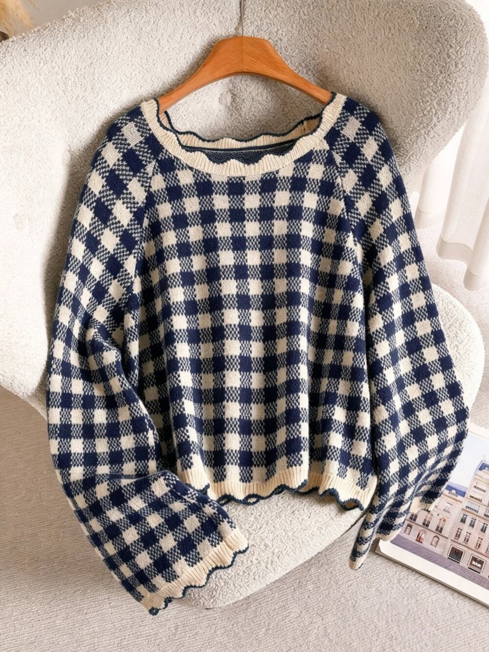 Navy Blue Casual Women's Plus Size Plaid Scalloped Edge Sweater
